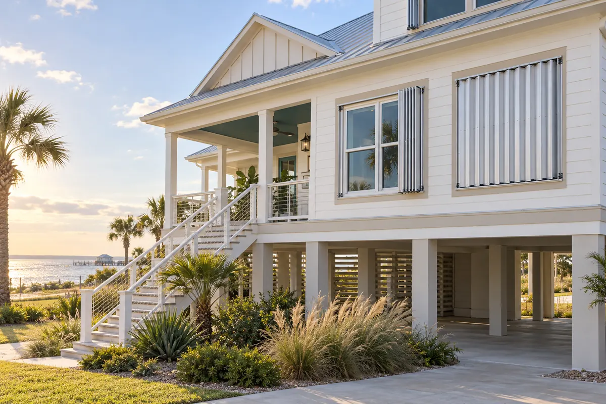 Illustration of elevated coastal home with an open window beside folded accordion shutters and another opening covered by closed shutters