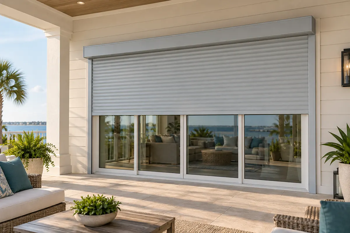 Illustration of horizontal roll-down shutter partly lowered in side guide rails above a coastal patio door